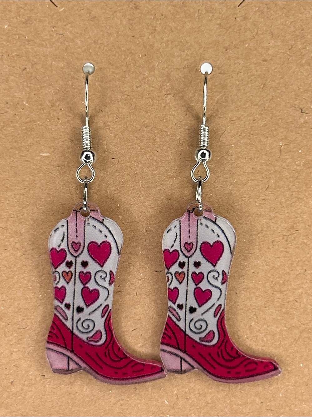 Women’s Pink Heart Cowboy Boot Dangle Earrings 2D Acrylic Fashion Jewelry